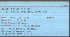 Widecombe WW1: Robert Stovell Evans Flying Pass Certificate. Picture copyright The Aerodrome